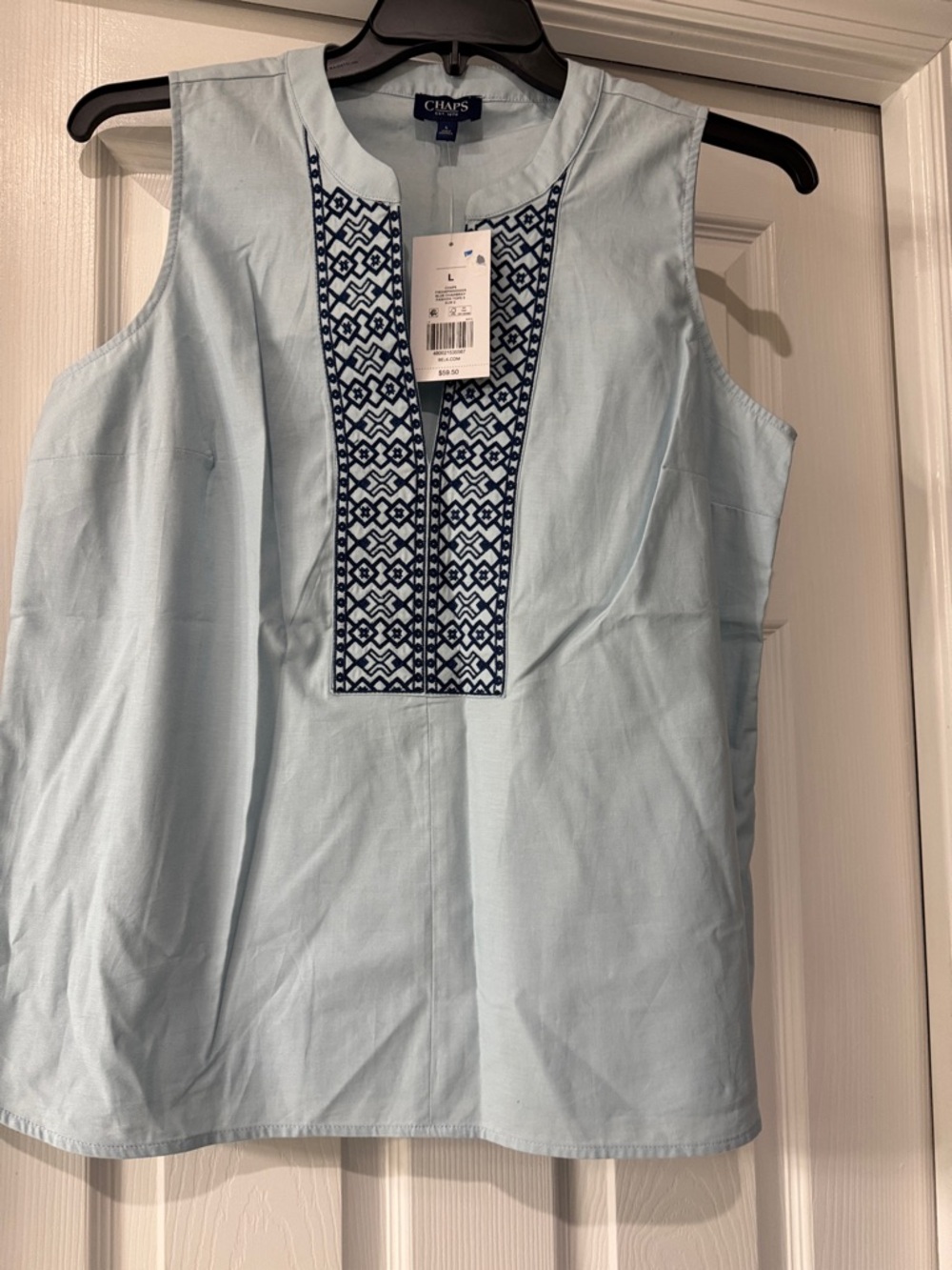 Chaps Light Blue Sleeveless Top with Navy Embroidered Placket